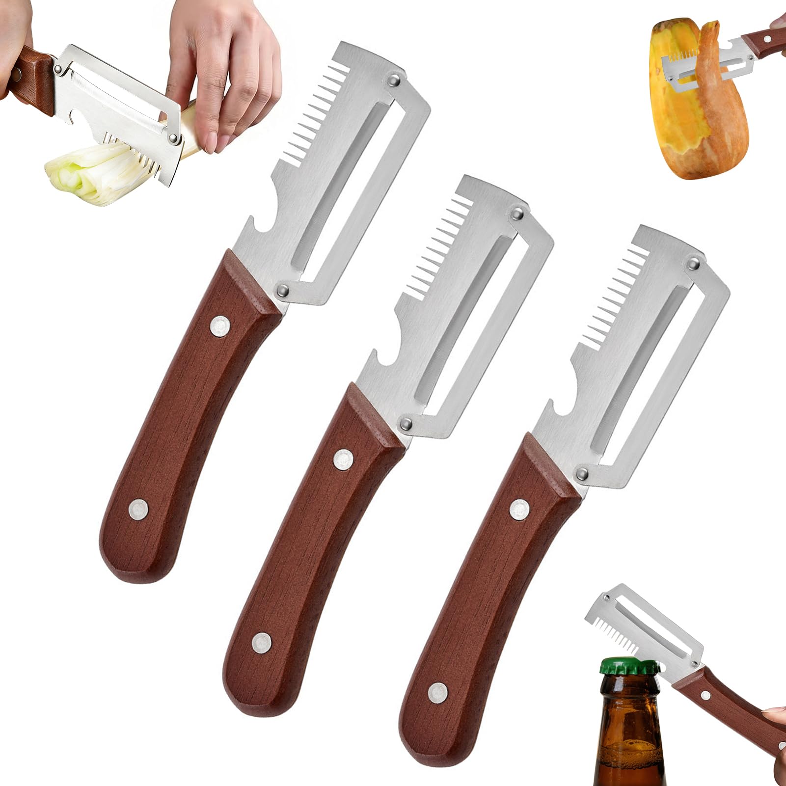 3 Stück Multifunktionaler Gemüseschäler für Küche,Sparschäler mit Holzgriff, 3 in 1 Gemüse und Obstschäler mit Flaschenöffner und Reibe,Edelstahl Küchenschäler Breite Klinge für Äpfel Kürbisse Papayas