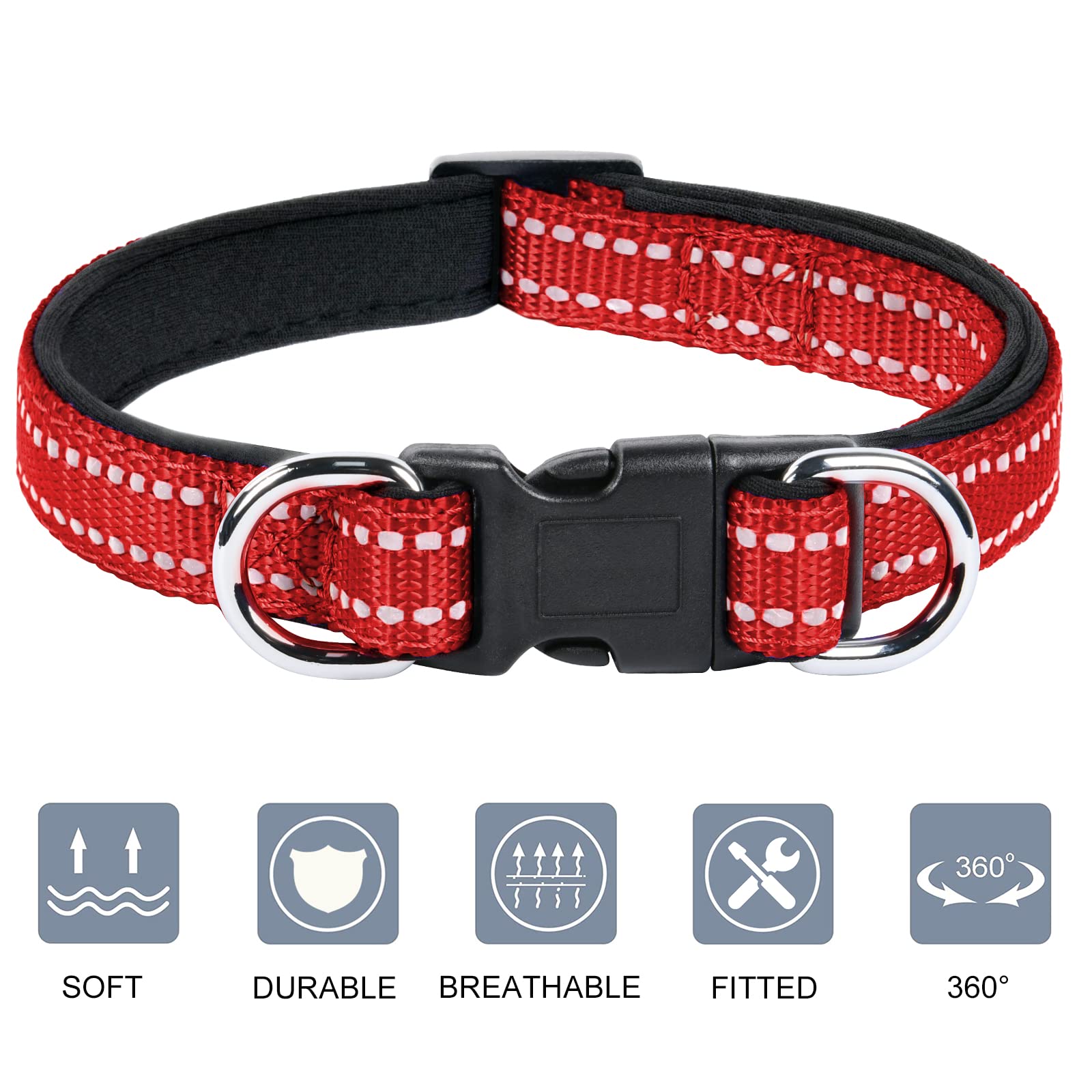AUAUY Collare Cane, Collare per Cani in Nylon Riflettente, Regolabile Collari, Anello Doppia D, Fibbia Staccabile, Morbido e Imbottito, per Cani di Taglia Piccola, Media e Grande (Rosso-L)