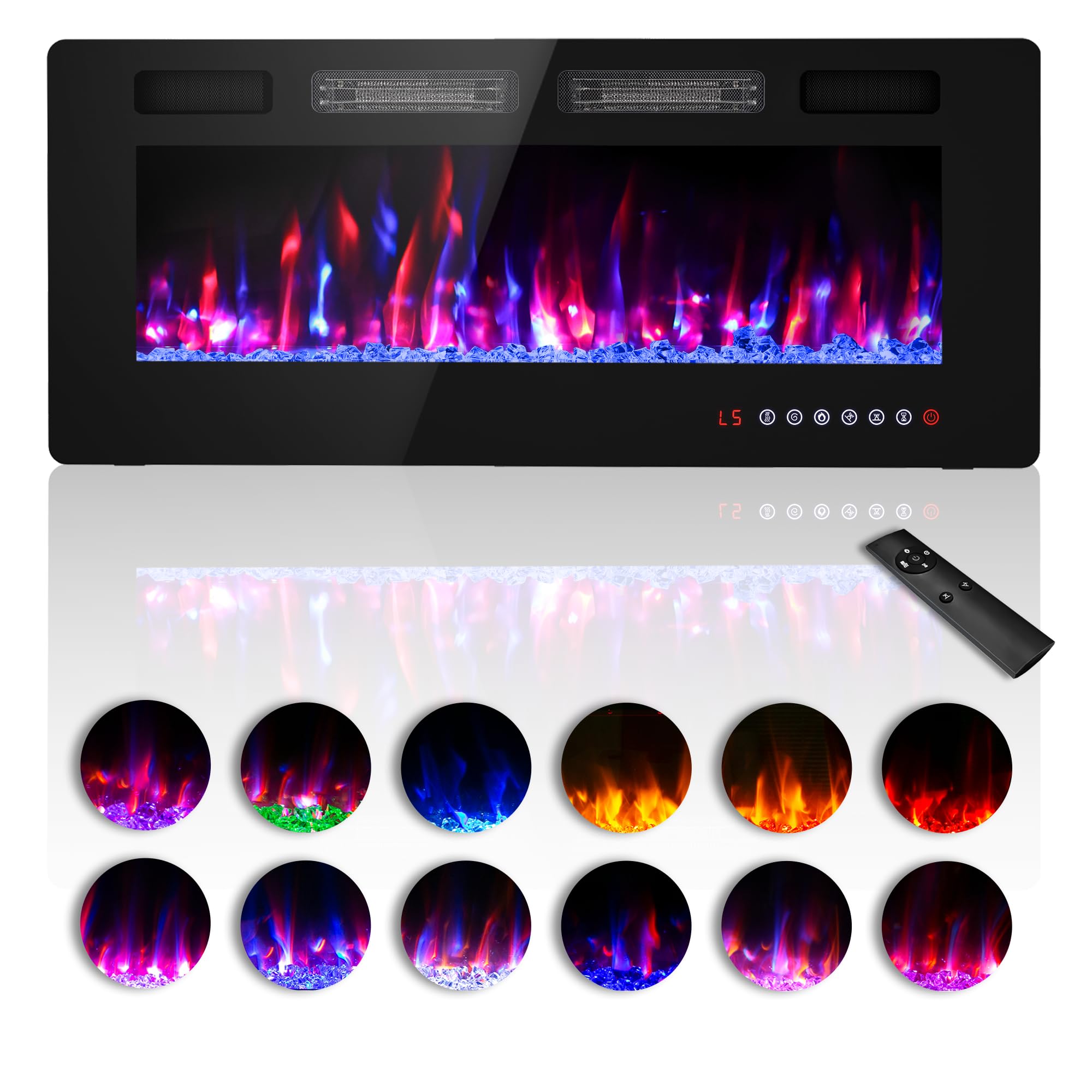 42 inches Electric Fireplace-Wall Fireplace for Living Room-Fireplace Freestanding/Inserts/Wall Mounted with Remote Control, Timer, Dimmer, 12 Flame Colors, 750/1500W, Ultra Thin
