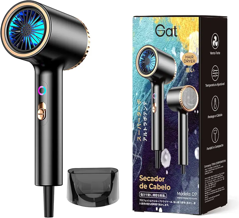Gat Secador de Cabelo Profissional, 2000W, 3 Temperaturas Quente e Frio, Compacto e Portátil, Ideal Para Viagem e Uso Familiar, Anti-Frizz, Secagem Rápida, Design Moderno (Preto, 127V)
