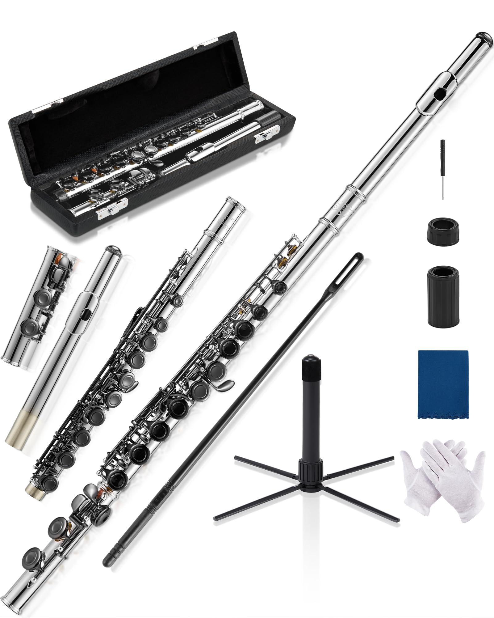 AKLOT Flûte de concert en Do à trou fermé avec 16 touches, G décalé, touches lisses en nickel argenté, coussinets hermétiques, étui rigide en cuir élégant, kit de nettoyage, support, graisse pour