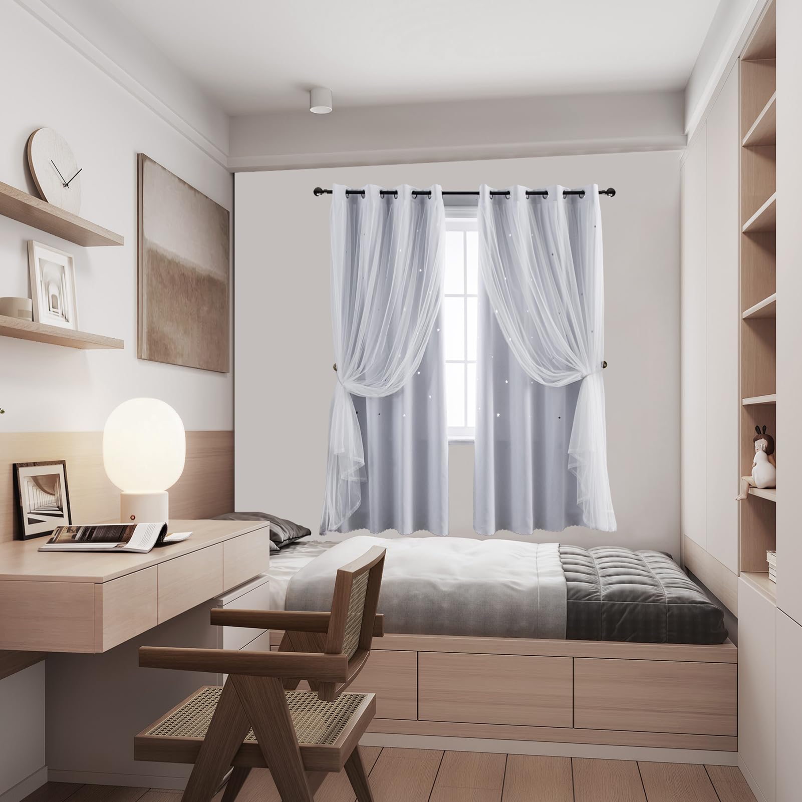 Anytime Cortina romántica para niños, cortina de ventana con estrellas huecas, cortinas opacas de doble capa para niñas, dormitorio, habitación de niños, 2 paneles (52 x 95 pulgadas, blanco grisáceo)