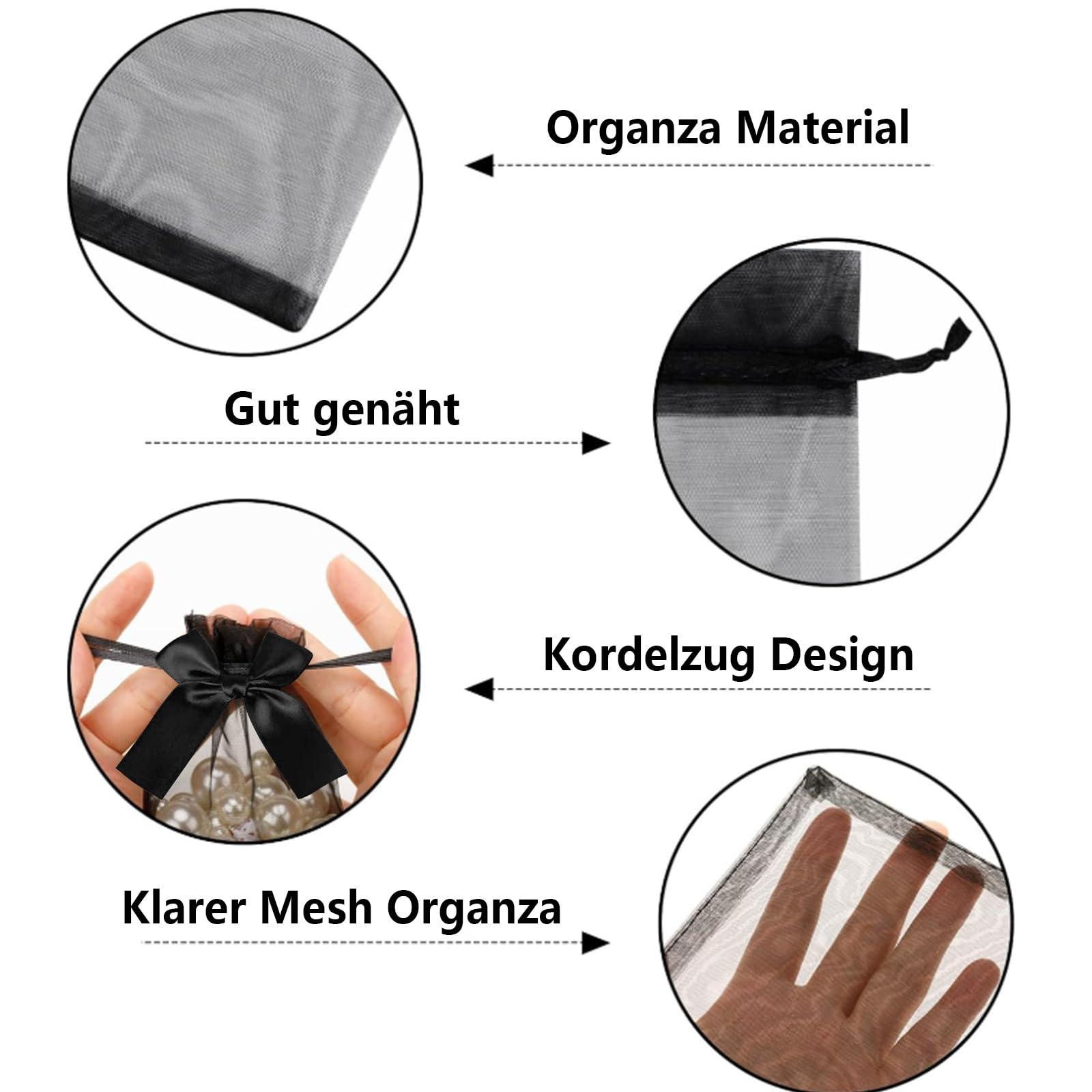 Woreczki z organzy, 15 sztuk, 10 x 15 cm, małe woreczki z organzy ze sznurkiem do ściągania i modną muszką, czarne woreczki z organzy, jako torebki na cukierki, torebki na biżuterię