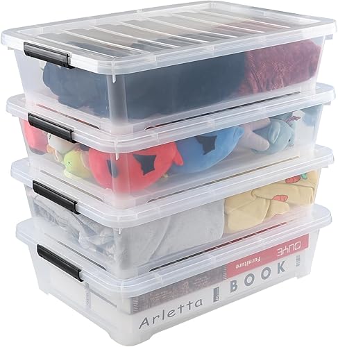 Hespama Contenedor de plástico de 40 cuartos de galón con ruedas, 4 paquetes de caja de almacenamiento grande con pestillo, transparente