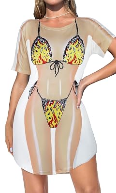 elescat Womens Beach Cover Up Bikini Printed Short Sleeve Tshirt Dress Baggy Cute Coverups