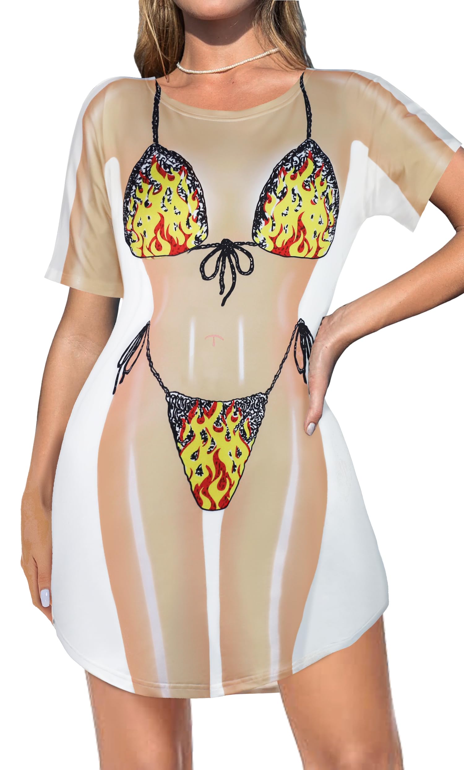 elescat Womens Beach Cover Up Bikini Printed Short Sleeve Tshirt Dress Baggy Cute Coverups