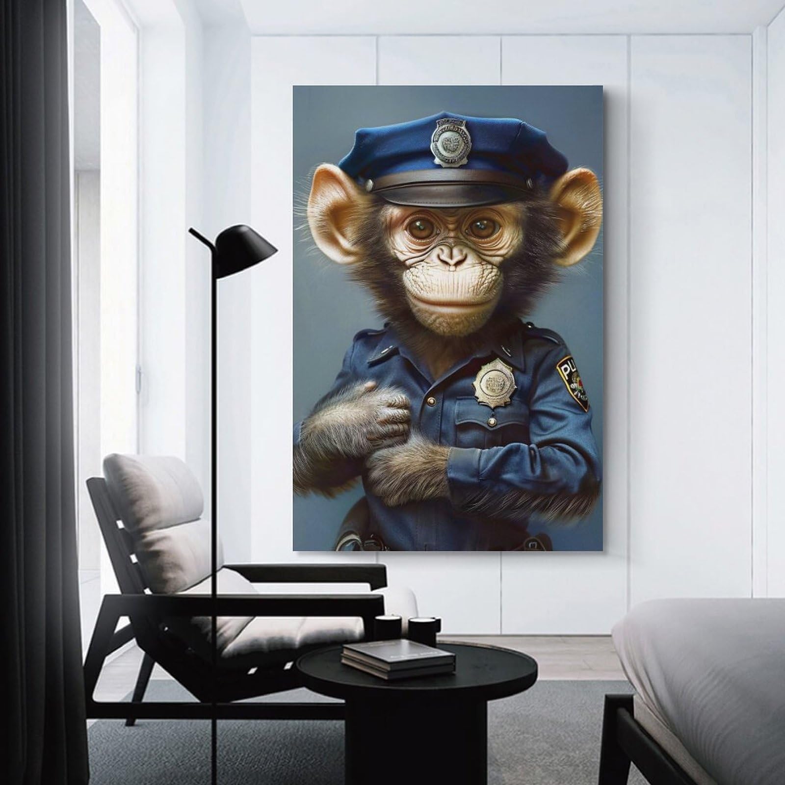 Junmoney Monkey in Police Uniform Portrait Wall Art Print, 24x36inch(60x90cm), for Corridors, Hallways Or Apartment Entries, Wall Decor to Refresh Empty Corners