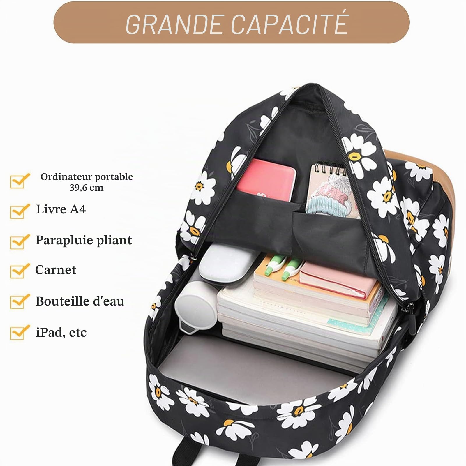 SEDEX Cartable Fille Primaire, Imperméable Léger Sac à Dos avec Toile Fermeture Éclair, Porte-Clés pour École