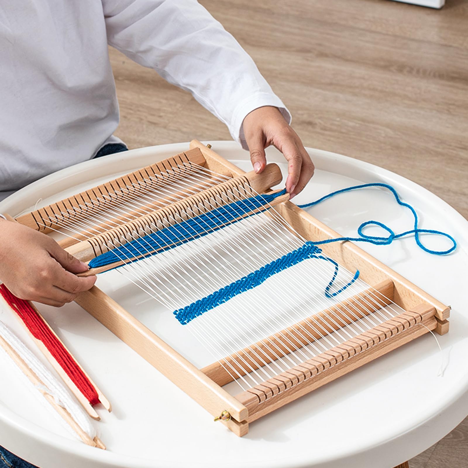FEIGO Telaio per Tessitura in Legno,Telaio per Lana Grande a Mano,39 x 26 cm Set da maglia per bambini,Pettine di legno, Navetta, per Principianti (Kit per maglieria per bambini)