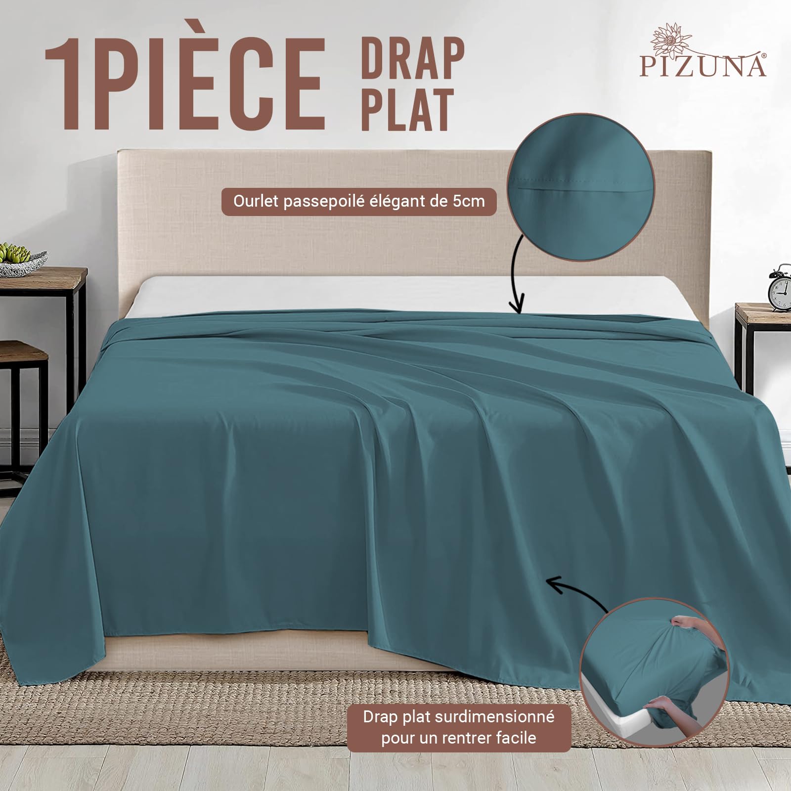 Pizuna Coton Peigné 2 Personnes Drap Plat 240x280 cm Bleu Paon 400 Fils | 100% Coton Longue Tige Armure Satin Drap Plat de Luxe avec Ourlet élégant (Bleu Paon)