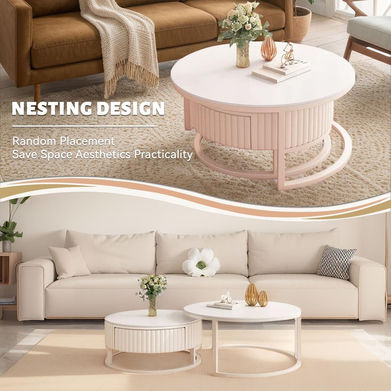 Round Coffee Table with Storage White Nesting Coffee Table Set of 2 Mid Century Modern Circle Coffee Tables Living Room with Marble Desktop for Home Living Room Reception Room Office