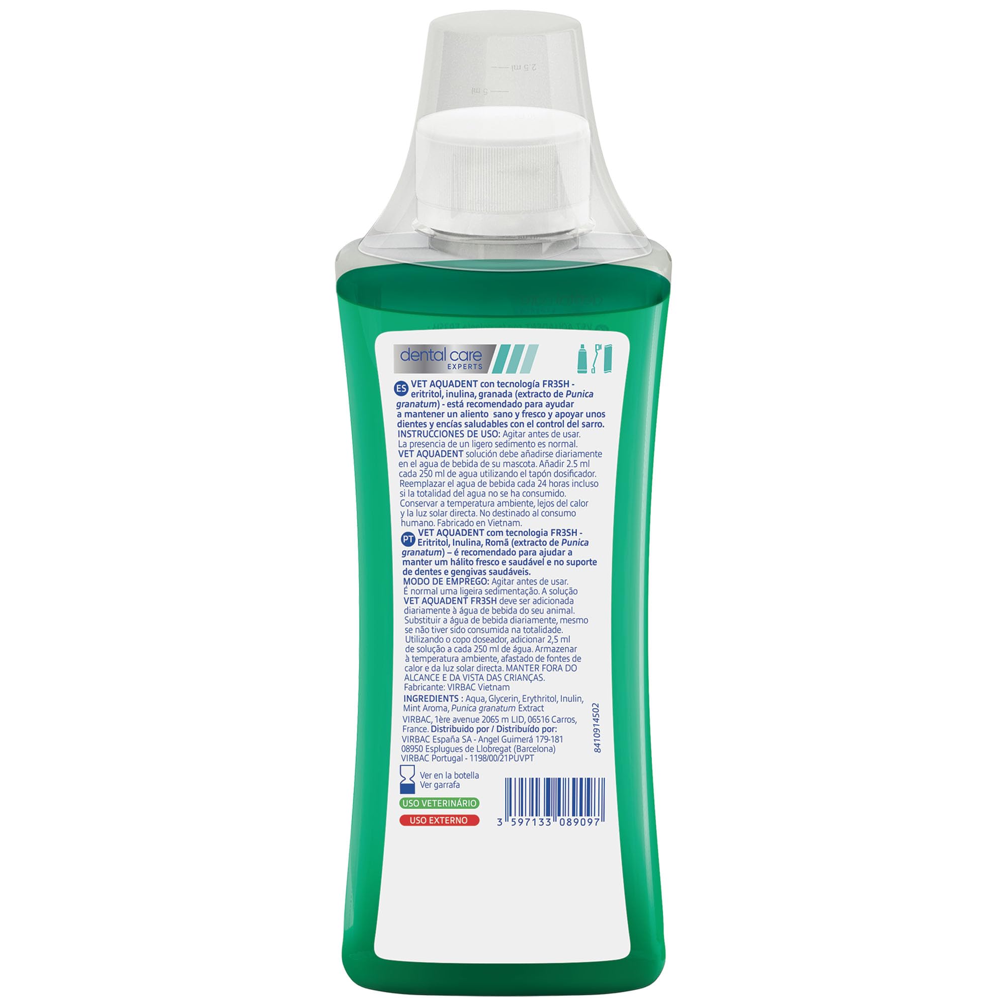Virbac Aquadent Anti-Plaque Vet Aquadent pour Chat Chien Cheval 250 ml