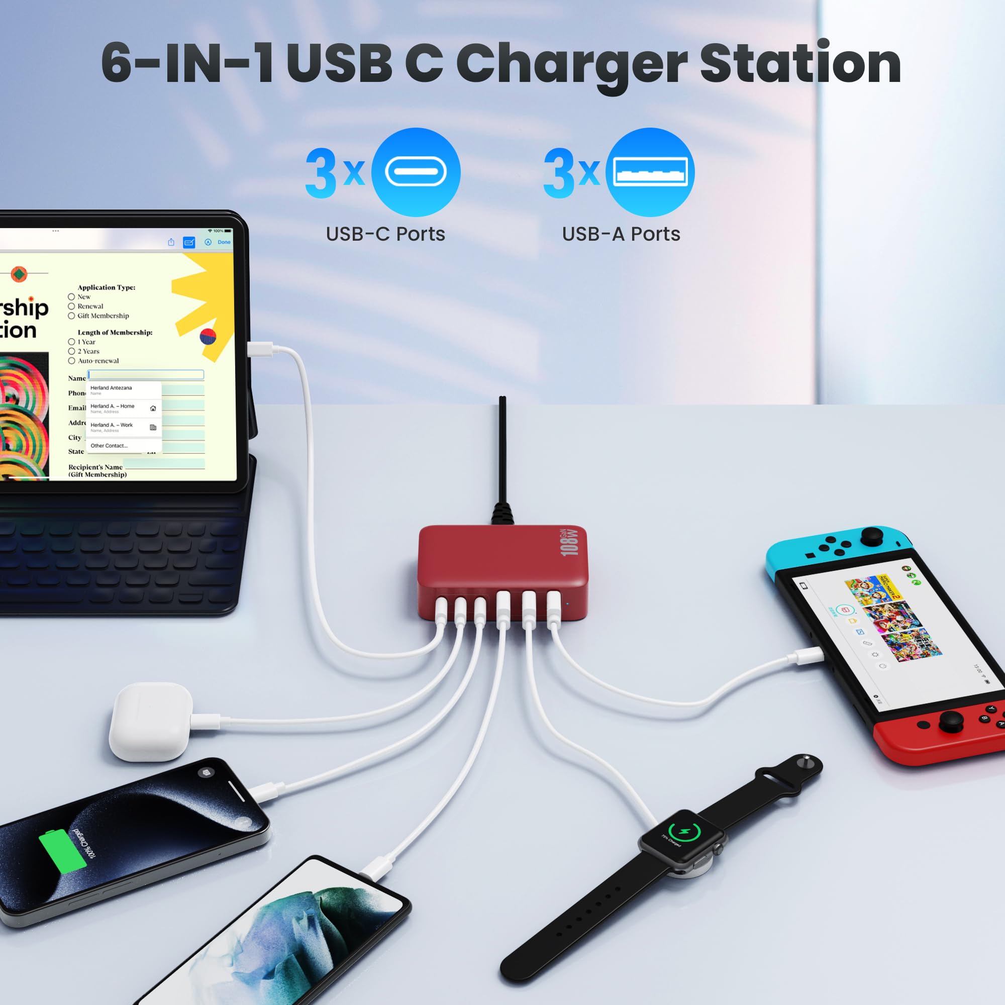 108W Caricatore USB C Multiplo, 6 Porte Alimentatore USB GaN III Stazione di Ricarica Rapida, Caricabatterie Multipla con 3 PD Tipo-C&3 QC Multipresa per iPhone iPad Samsung Huawei Switch ecc (Rosso)