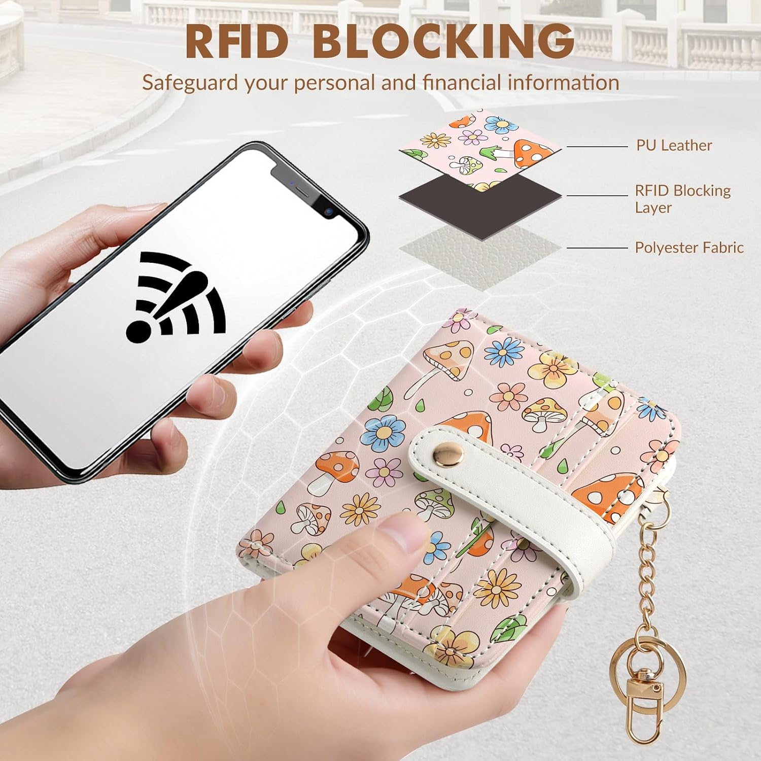 Women Wallet, RFID Blocking Bifold PU Leather Wallet, Small Slim Compact Purse with Clear ID Window & Zipper Coin Pocket, Credit Card Holder for Ladies,1 ID window 8 Card Slots,Little Mushroom image 5
