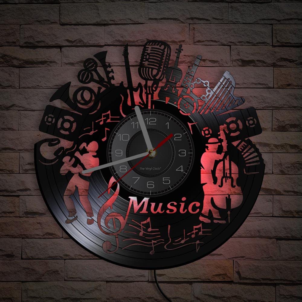 Orologio radiocontrollato in vinile, strumento musicale, orologio da parete con luce notturna a LED, regalo per una bella decorazione per la casa