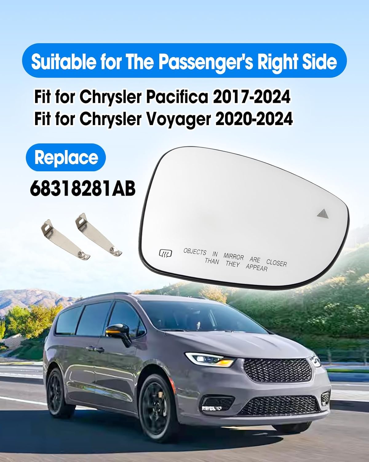 Passenger Side Heated Mirror Replace 68318282AA Fit for Chrysler Pacifica 2017-2024 Voyager 2020-2024, Right Side Power Exterior Rear View Mirror Glass with Blind Spot & Backing Plate, 2 Pin