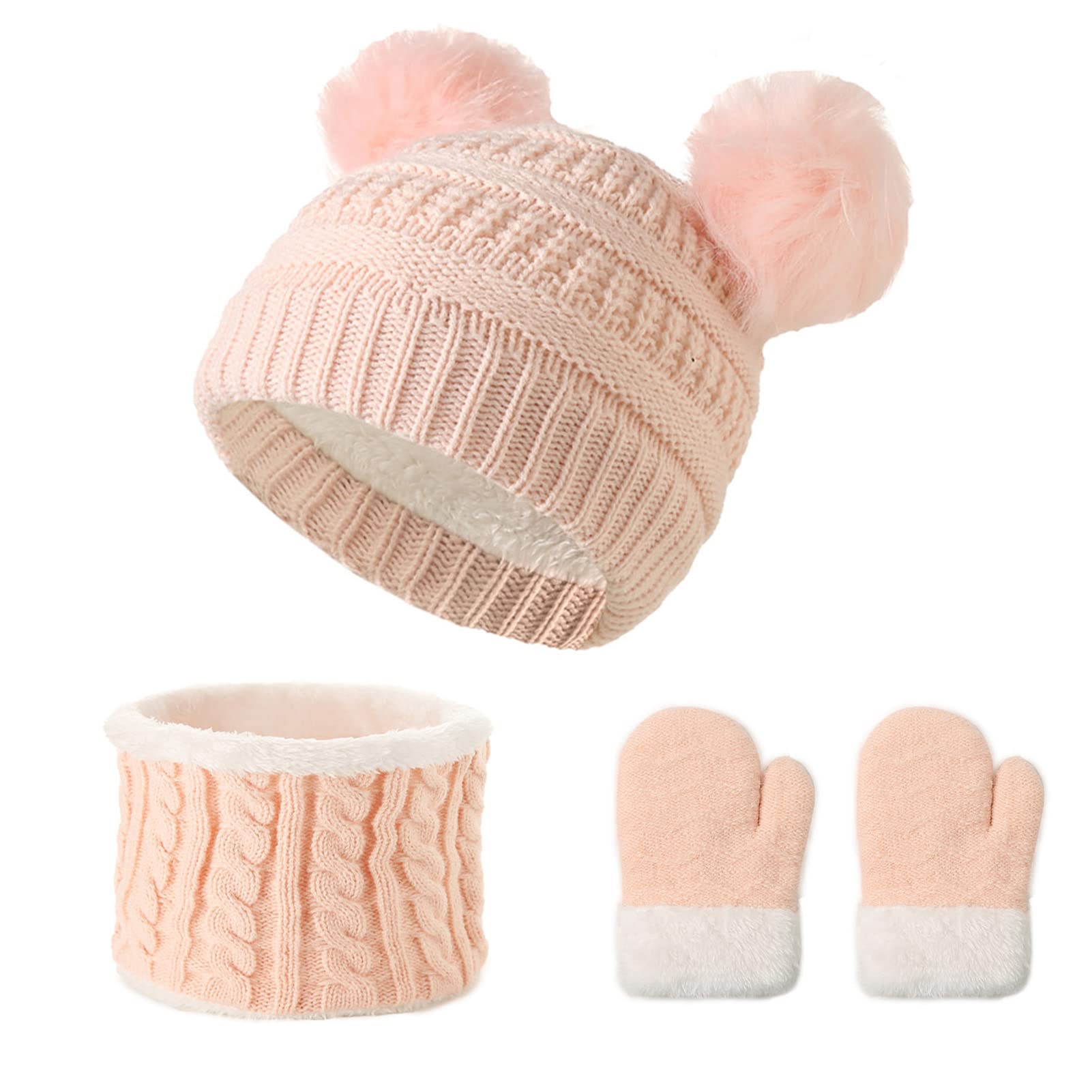 Kids Winter Pom Pom Hats Gloves Scarf Set for Girls Boys Toddler Knitted Fleece Lined 3Pcs Sets for 1-10 Years Old