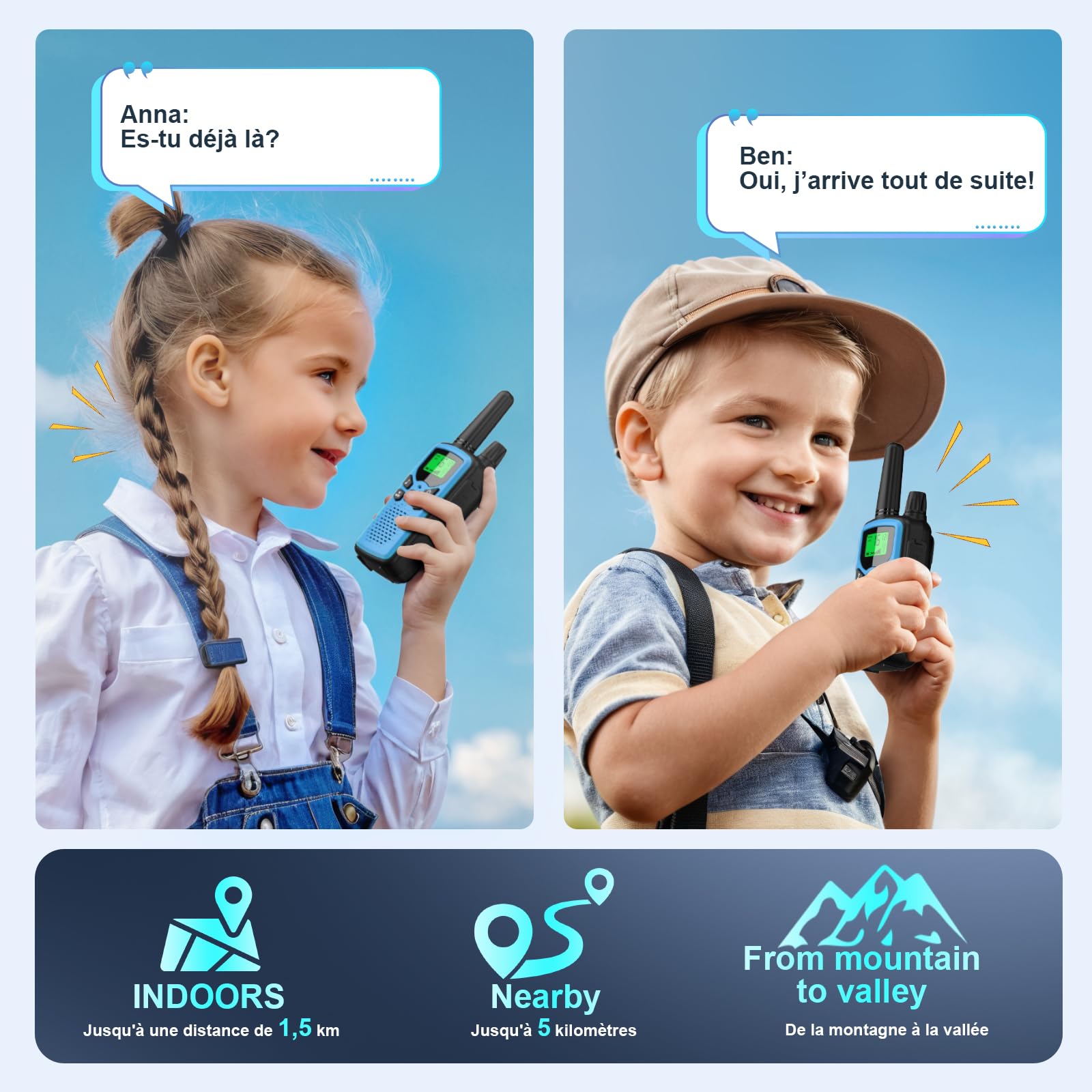Lot de 3 Talkies-Walkies Rechargeables pour Enfants et Adultes - Radio Rabigala 16 Canaux, Portée de 5 km - Talkie-Walkie avec Batterie Li-ION, VOX, Lampe de Poche LED et Écran LCD
