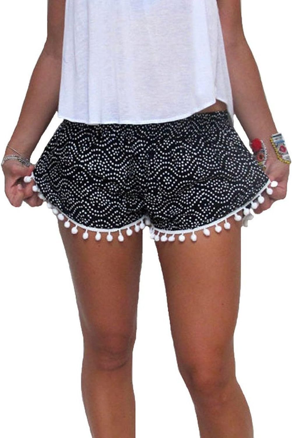 Kafeimali Women's High Waist Tassel Tribal Beach Shorts Casual Mini Short Pants