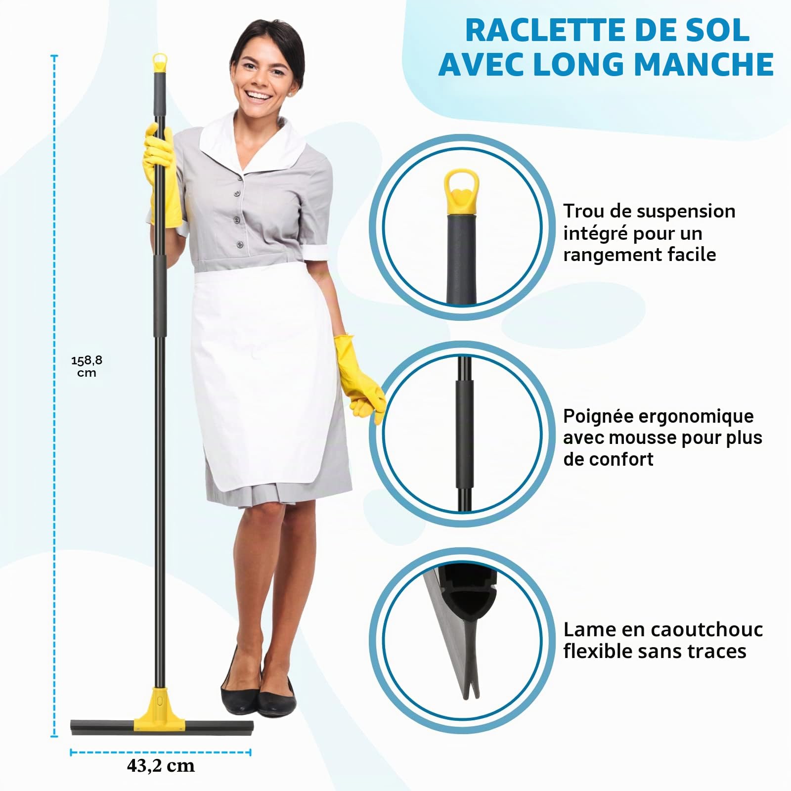 Raclette de sol d'extérieur très résistante, 45 cm, balai en caoutchouc avec long manche, 163 cm, pour le nettoyage du garage, de la cour, de la salle de bain, de la douche, du verre, des fenêtres, du