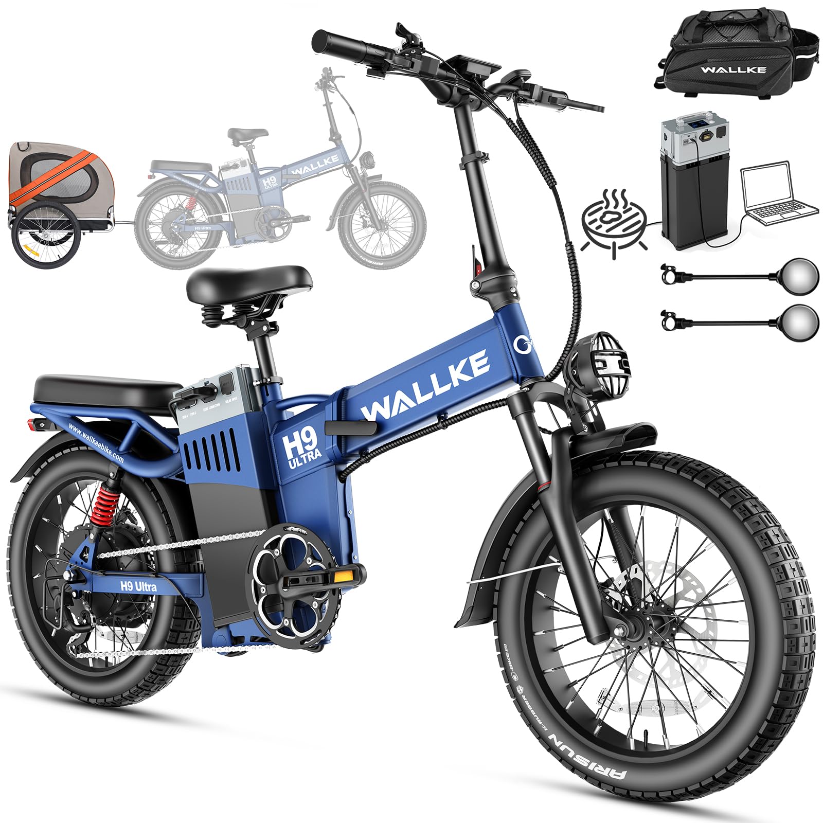 Wallke H9 Ultra 4000W Long Range Electric Bike for Adults, 55Ah 2640Wh 180 Mile, 37MPH Fast Ebike, 2-in-1 Battery AC/DC Power Hub &amp; AC/Solar-Charging, Torque Sensor, Air Suspension,20" Fat Tire E Bike
