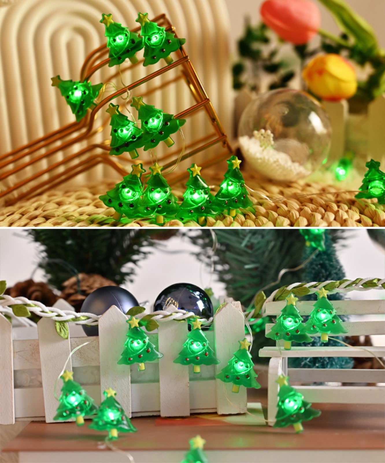 Guirlande Lumineuse à LED Sapin de Noël, Fil de cuivre Blanc, Lampe d'ambiance à thème de Jardin fête de Noël, décoration de Chambre à Coucher, Patio