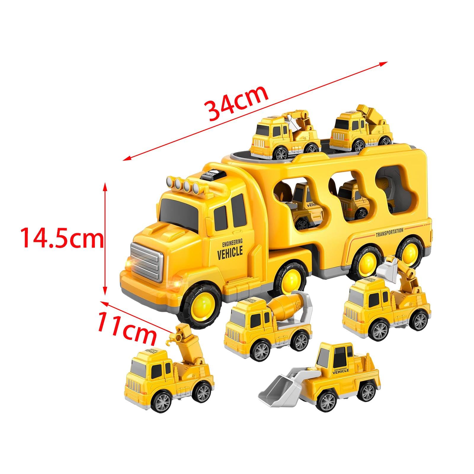 Qianly 7 Stück Feuerwehrauto Spielzeug Set Mini Friktionsfahrzeuge Transporter mit Licht Musik Notfallauto Trägerwagen Diecast Modellautos für Geschenk Kinde, Gelb