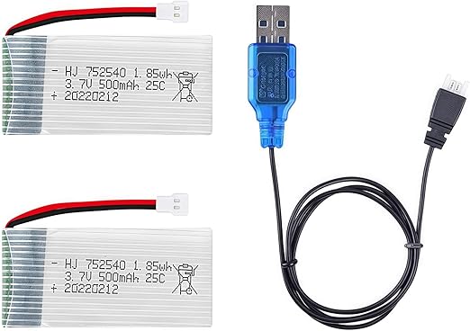 2 Pcs 3.7V 500mAh 25C 752040 Rechargeable Lipo Battery with USB Charger for Syma X5C cheerson CX30 skytech M68 BBS 868 Quadcopter RC Drone Spare Parts