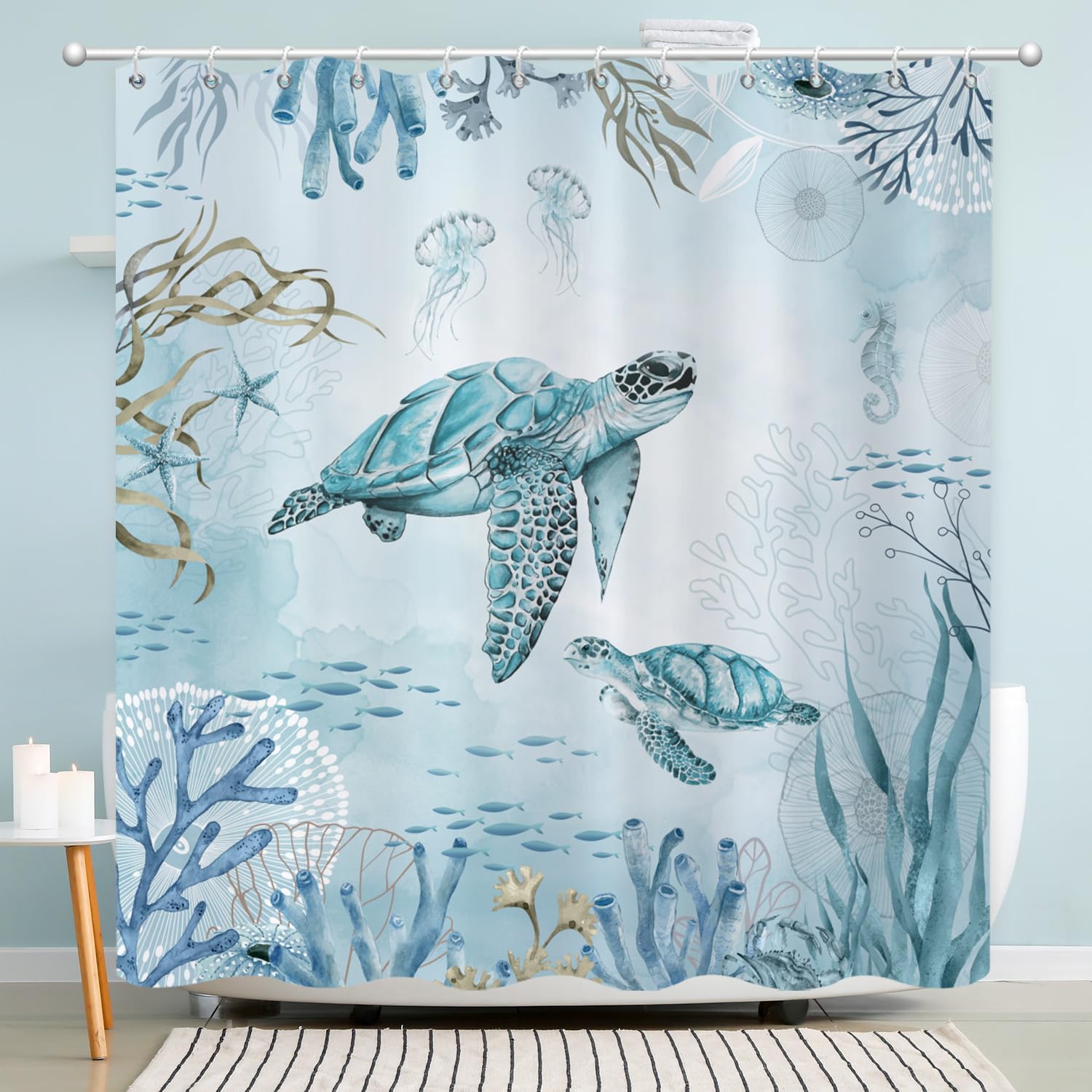 Caheansi Sea Turtle Shower Curtain, Nautical Coastal Underwater Ocean World Teal Blue Turtle Jellyfish Green Sea Bath Curtain Waterproof Fabric
