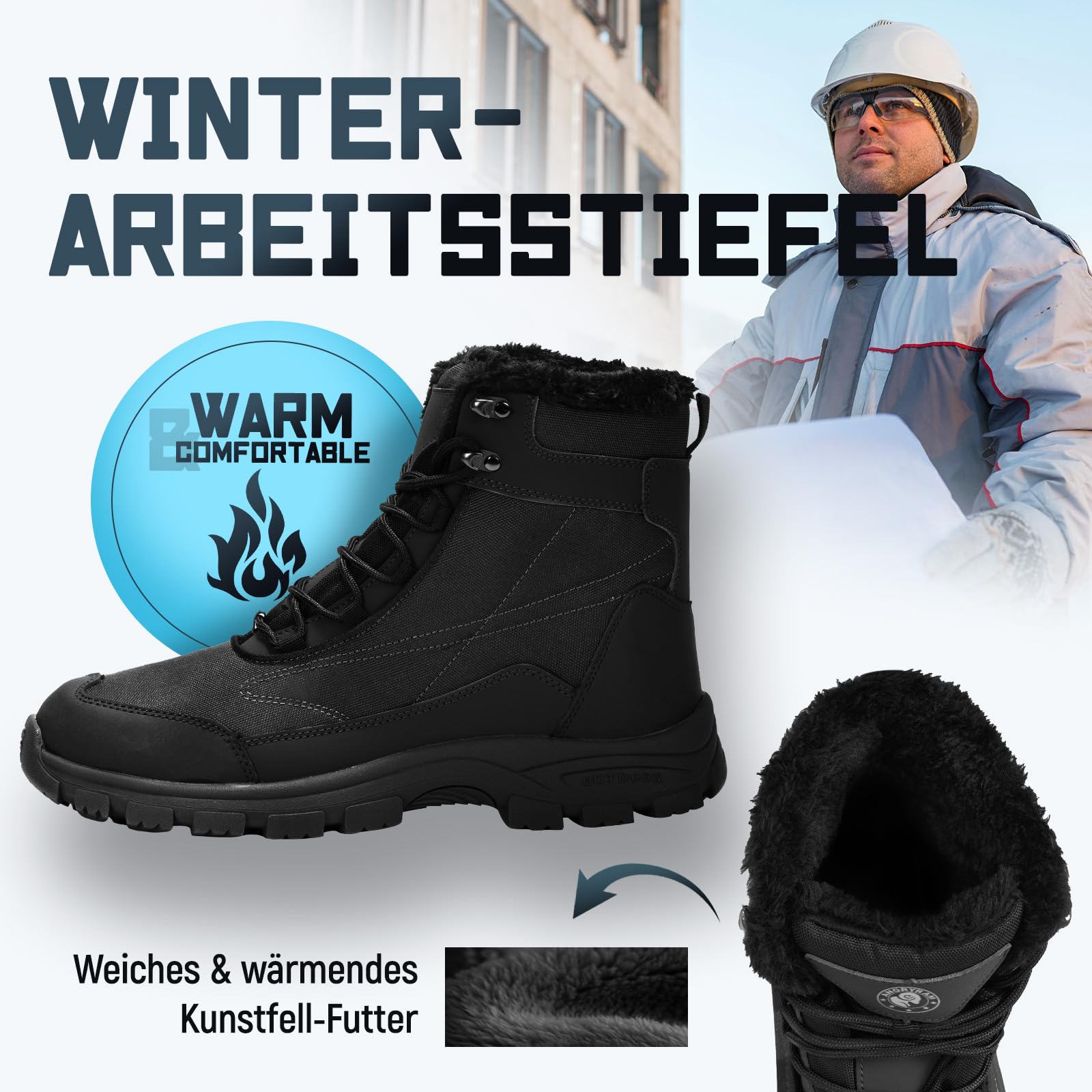 ANGRYRAM Winter Sicherheitsstiefel Herren Wasserdicht Warmen Gefüttert Stahlkappe Schneestiefel rutschfeste Hohe Winterschuhe Herren