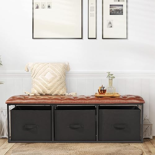 Miniatura 6 de Cozy Castle Large Faux Leather Upholstered Bench 52-Inch Dining Room Bench with Storage Shelf Brown