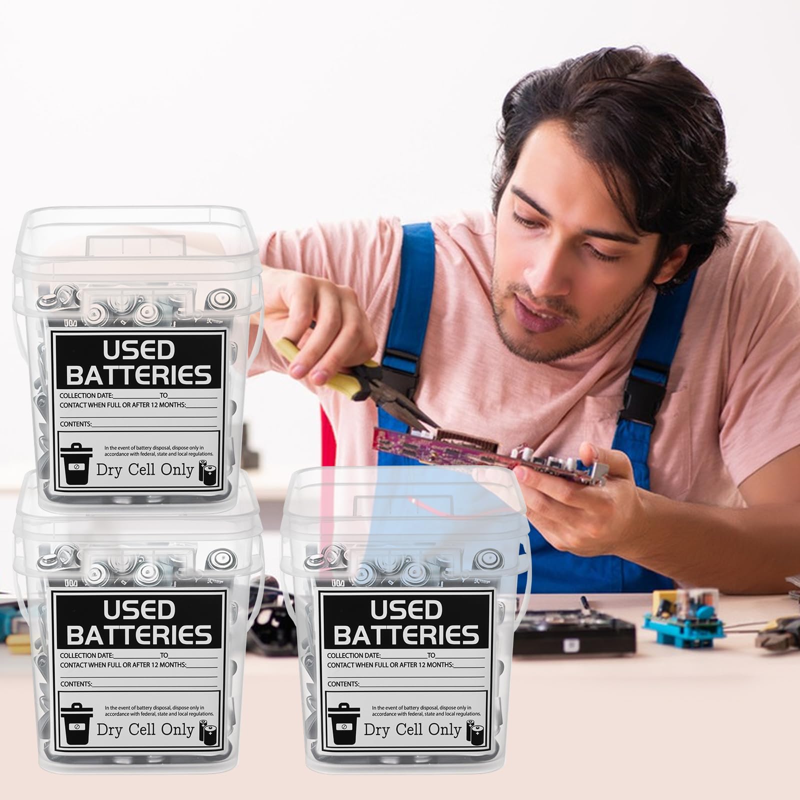 Batterie-Entsorgungsbehälter, 3 Liter, Trockenzellen-Aufbewahrung mit Etikett, Batterie-Recycling-Behälter für sichere Aufbewahrung und Haushalt und Büro (transparent, quadratisch)