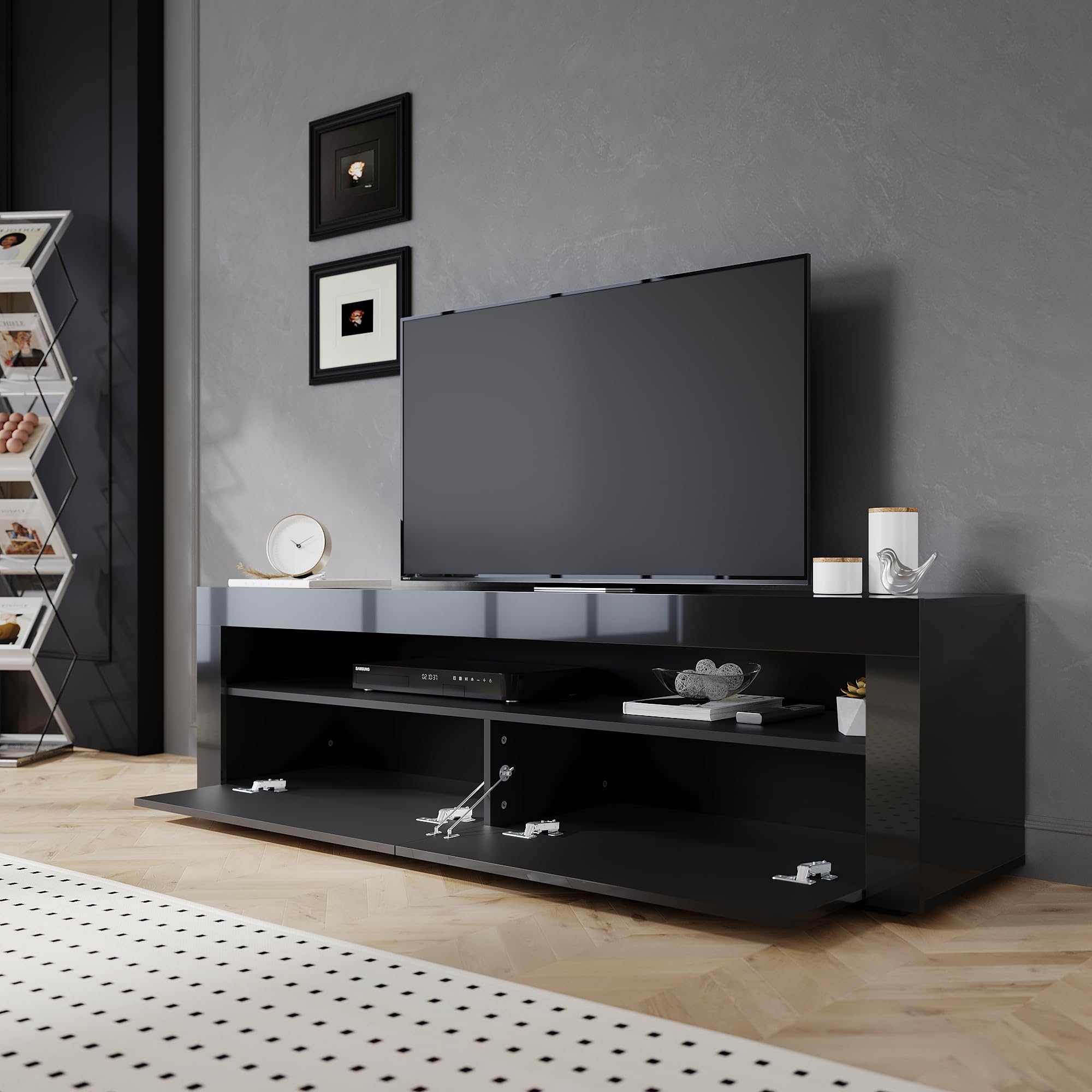 SIRHONA Meuble TV Noir, Meuble Tele avec LED, Éclairage LED RGB avec Couleur réglable, 2 Placards avec Portes, 160x40x45cm, Convient pour Salon ou Chambre