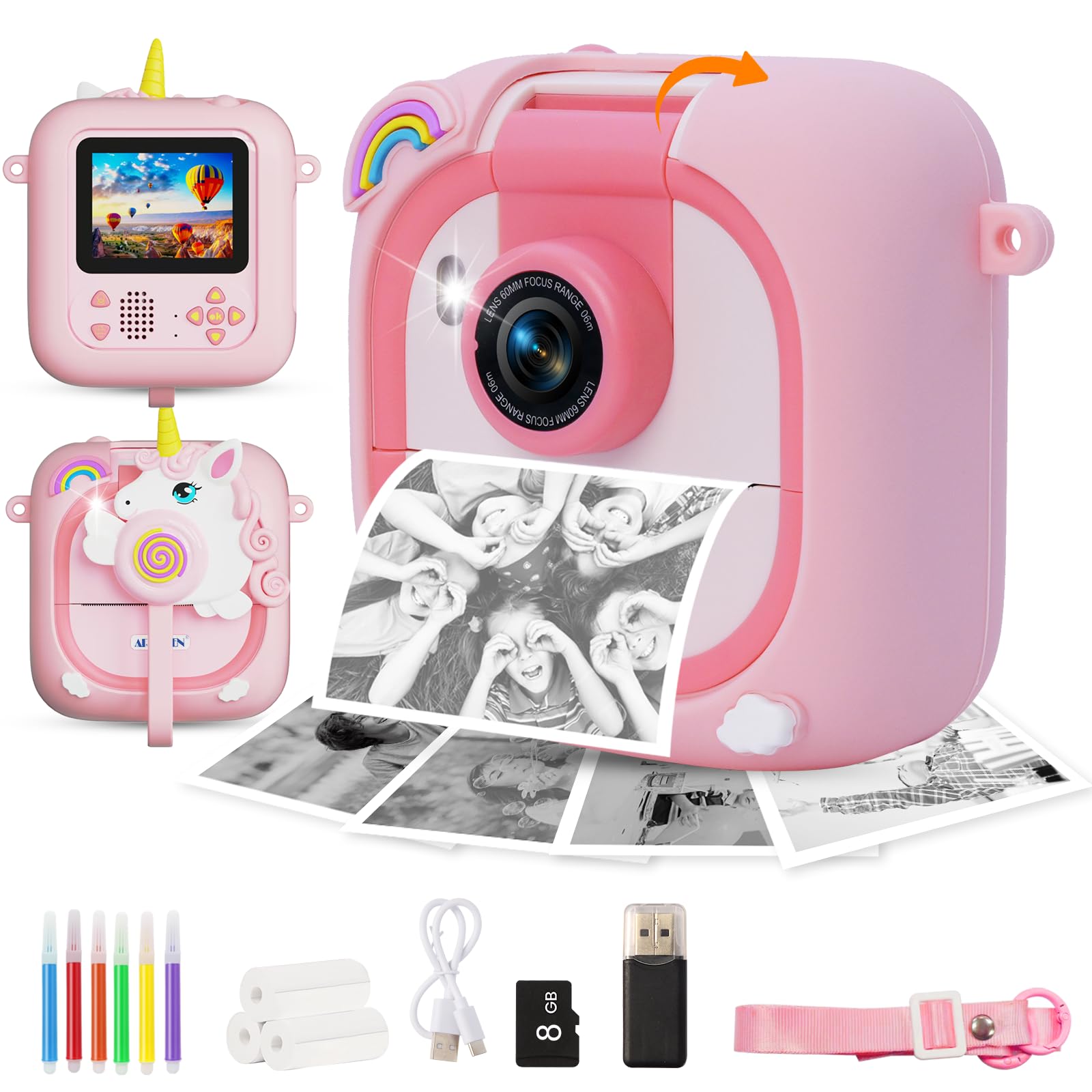 ARNSSIEN Camara Fotos Infantil Instantanea,2.4" Camara Fotos Infantil con 1080P & 180° Lente & 8 GB, Regalo Navidad/Cumpleaños para Niños & Niñas, M2