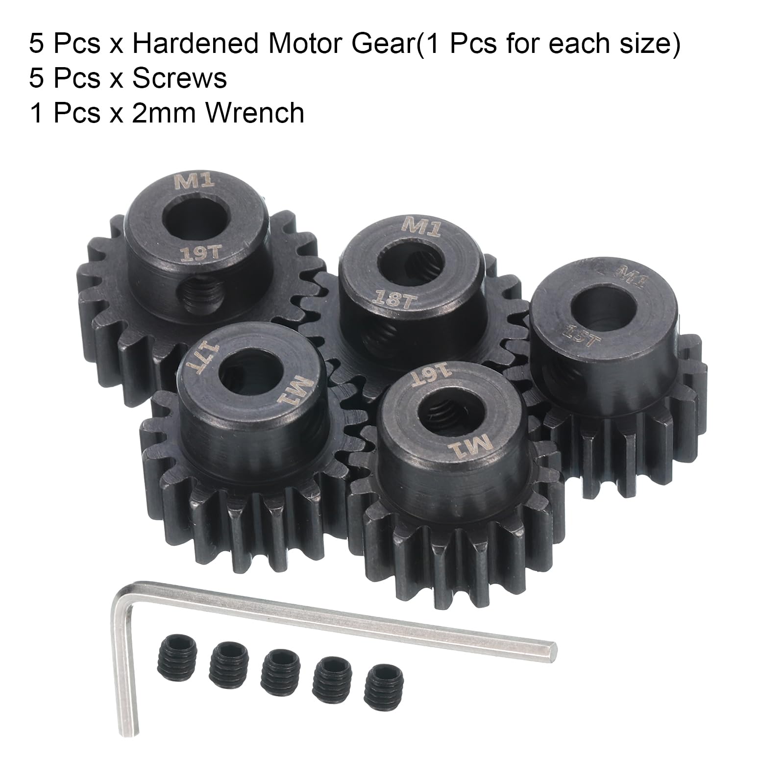 QUARKZMAN 5pcs RC M1 Moteur Pignon Engrenage 5mm Arbre 15T 16T/17T/18T/19T | Durci Pignon Engrenages Carbone Acier, pour 1 8 RC Modèle Voiture Bateau Drone