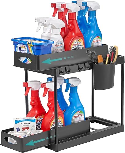 Sneatup Organizador deslizante de 2 niveles ABS para debajo del fregadero con taza y 4 ganchos