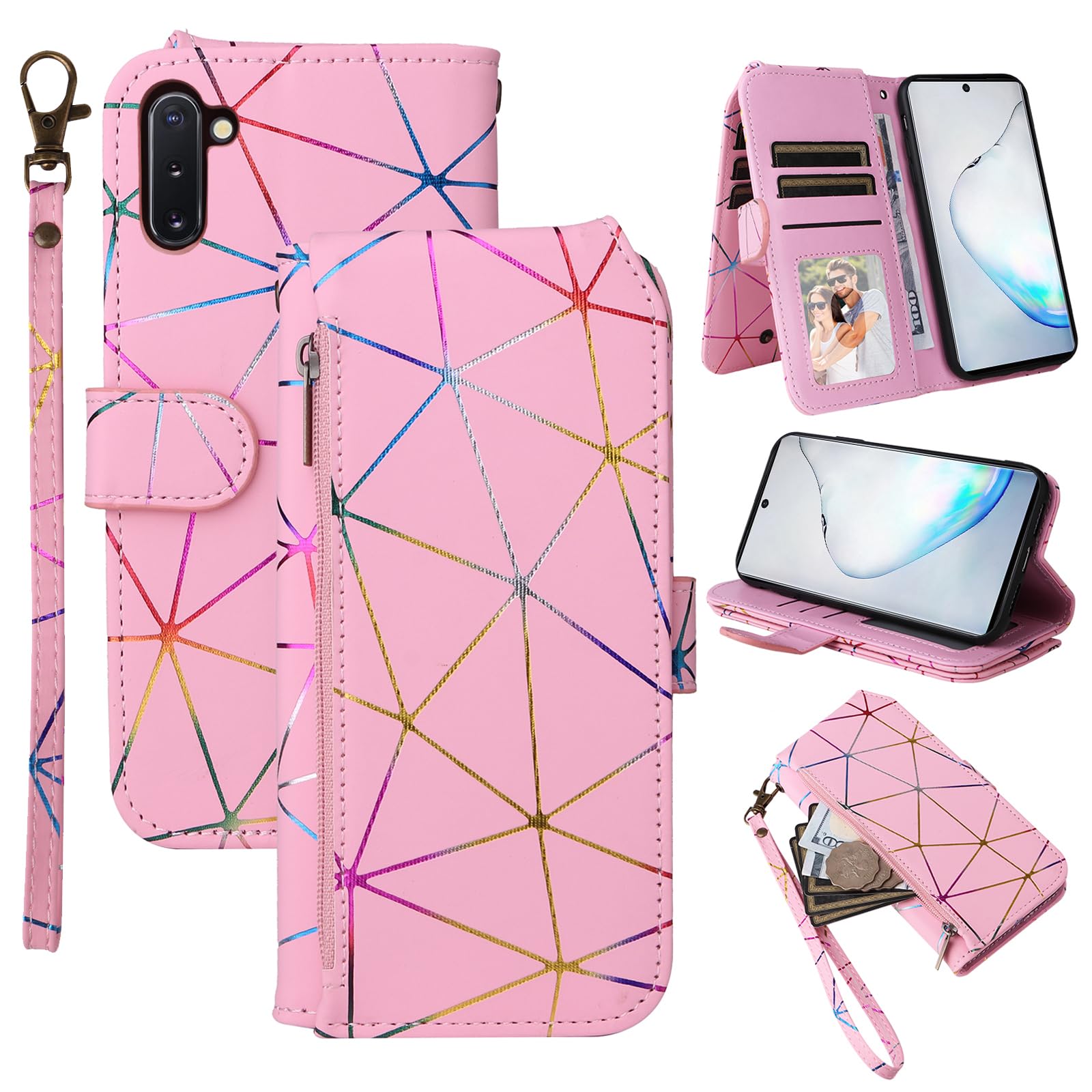Furiet Wallet Case for Samsung Galaxy Note 10 5G with Wrist Strap, 9+ Card Slots Luxury PU Leather Zipper Flip Purse, Card Holder Stand Geometric