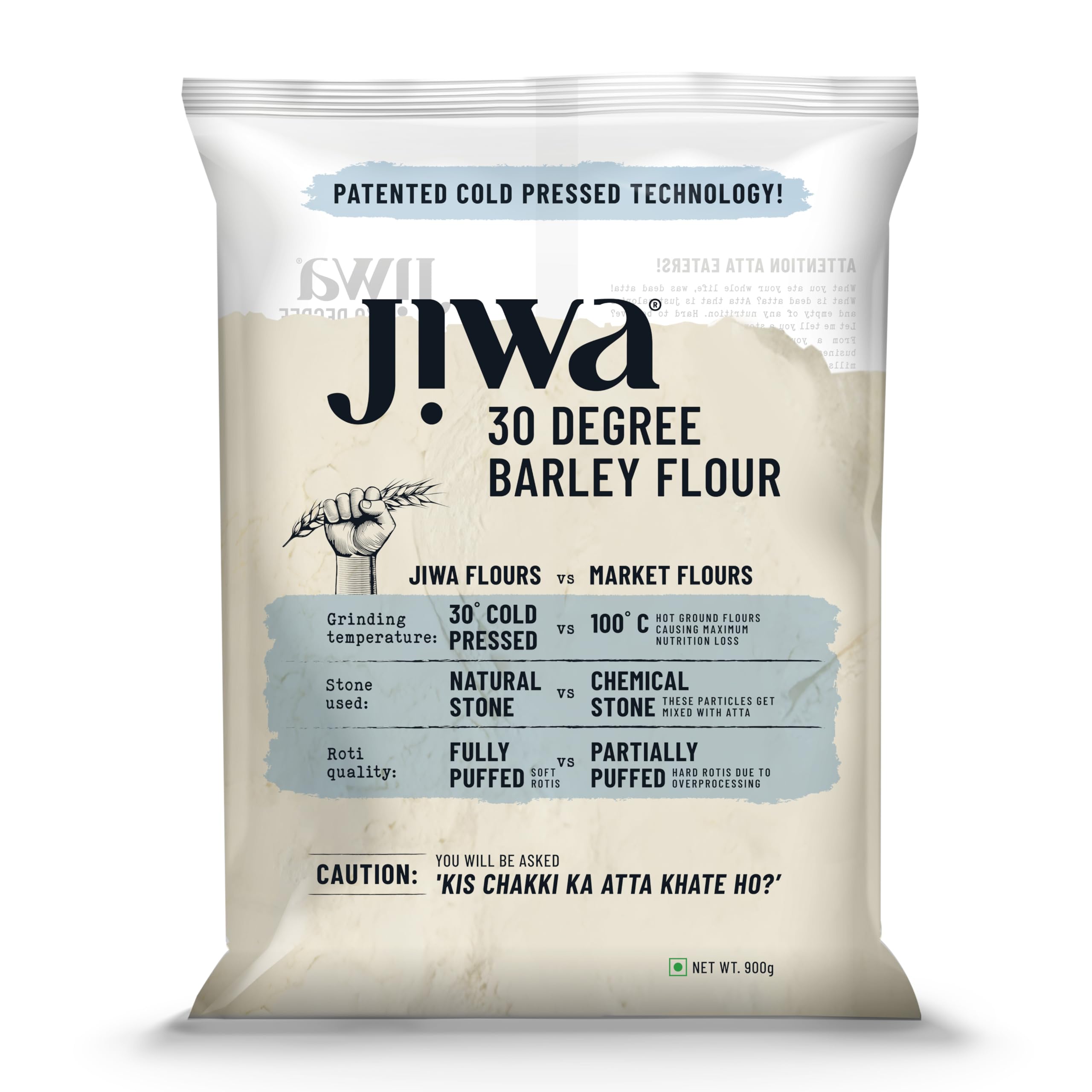 Jiwa 30 Degree Barley Flour/Atta | Patented Cold Pressed Flour | Slow Ground | High Fiber | Jau Atta | 900 g