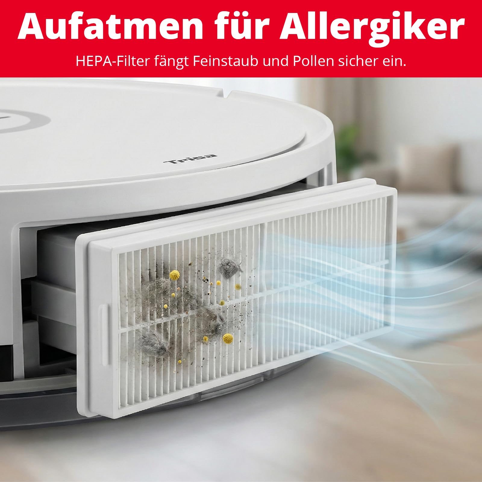 Trisa T-Bot Lite Saugroboter, 1300Pa, HEPA-Filter & Magnetband-Abgrenzung | 1300 Pa Saugkraft, 90 Min Laufzeit, HEPA-Filter für Allergiker, Magnetband-Abgrenzung, 5 Jahre Garantie