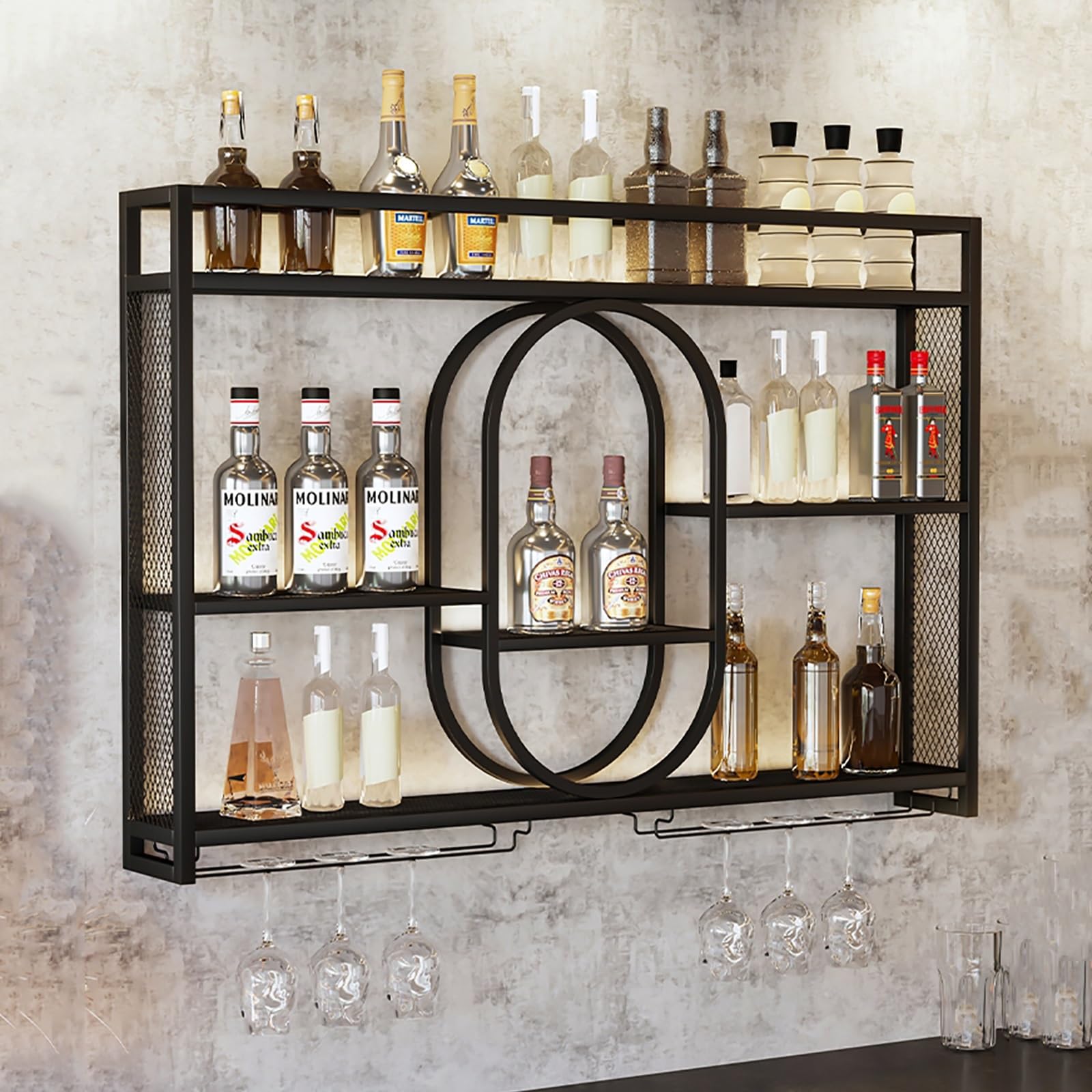 Estante de vino montado en la pared con luz LED, estantes flotantes de metal para decoración de bar o bodega, soporte colgante para copas de vino y estante de exhibición de botellas de licor de gran