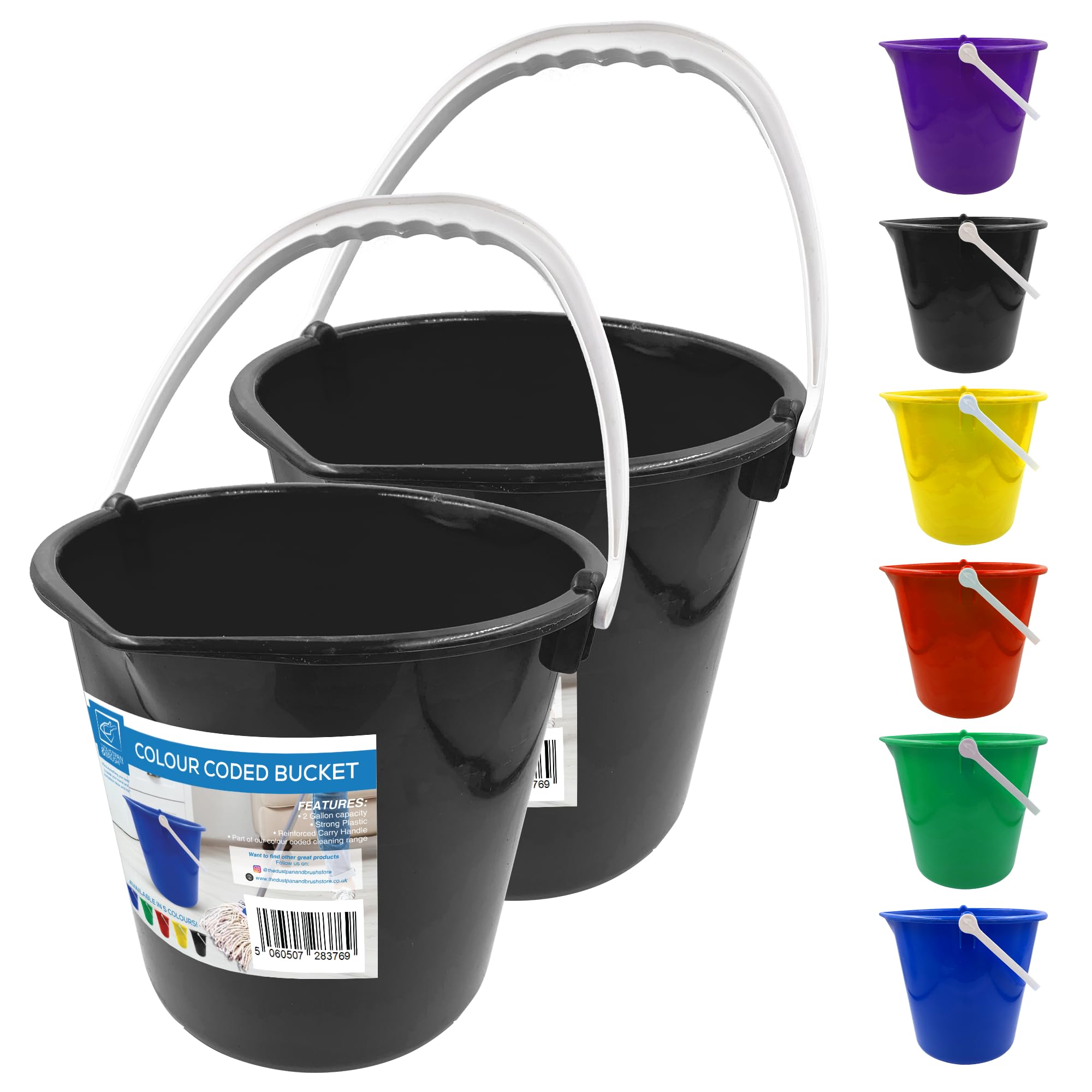 Colour Coded Plastic Bucket with Handle, 2 Gallon (7.5L) Household Heavy Duty Bucket with Spout and Easy-Grip Handle, Multipurpose Water Pail for Cleaning, Bath, and Gardening (Black Pack of 2)