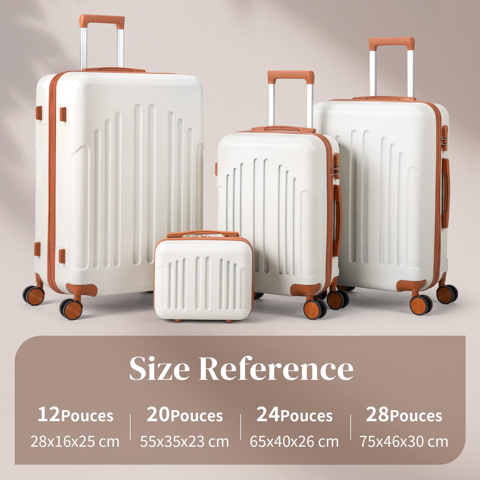 LEADZM Set de 4 Valises de Voyage avec Vanity Case, Valise Grande Taille & Cabine, Valise Soute Ridide en ABS, Bagages Cabine avec roulettes Pivotantes 360° et Cadenas (Beige-Brun)