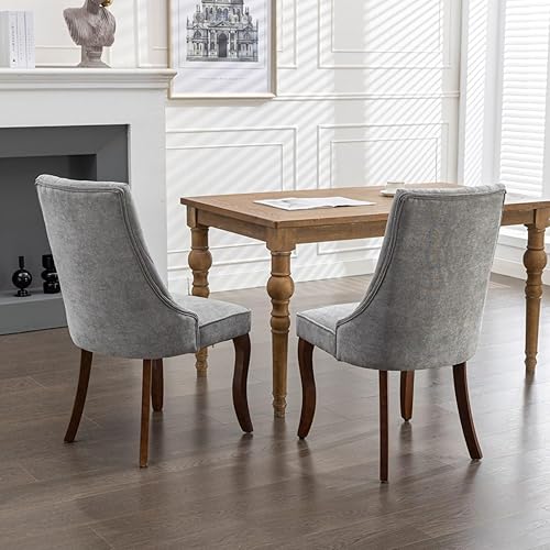 Miniatura 3 de Juego de 2 sillas de comedor, silla auxiliar tapizada con patas curvadas de madera maciza, sillas decorativas de lino modernas para comedor y Estilo