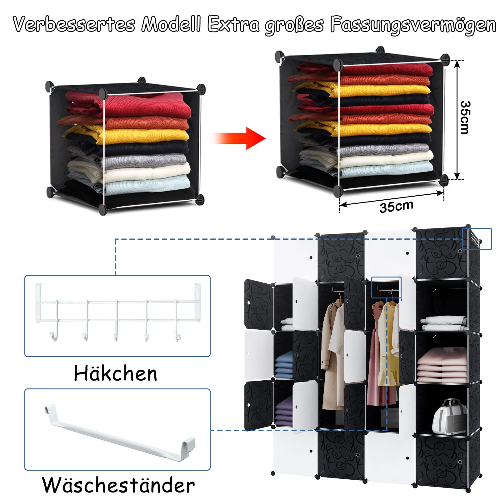 NAIZY Kleiderschrank Schwarz Weiß DIY Regalsystem aus Kunststoff Garderobenschrank Steckregal Steckregalsystem mit Tür Kunststoffschrank (20 Würfeln, mit 2 Kleiderstange)