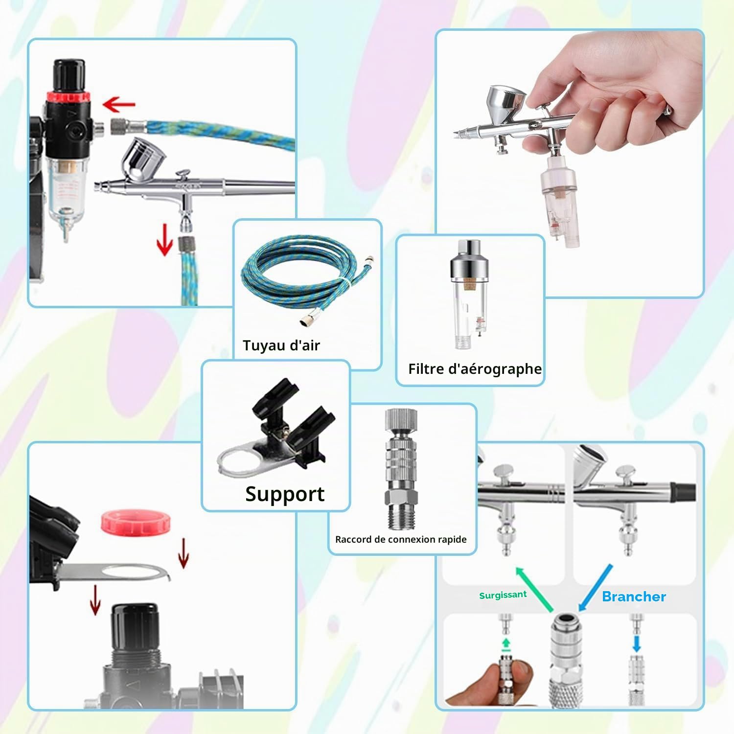 ABEST Trousse compresseur aérographes - tuyau à air, support pour aérographe,décoration de gâteau, tatouage temporaire, peinture de passe-temps