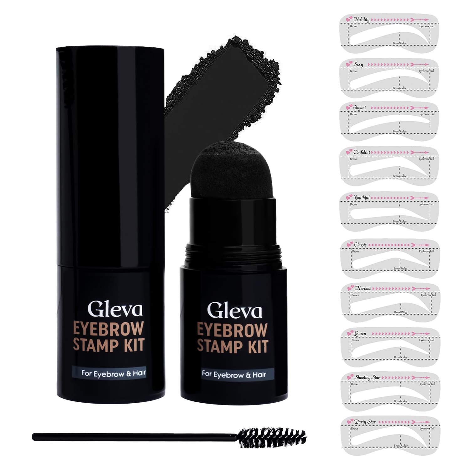 Gleva Eyebrow Stamp & Stencil Kit - Vegan Long-Lasting Stamping Powder With 10Pcs Reusable Thin & Thick Stencils for Perfect Brows (Black)