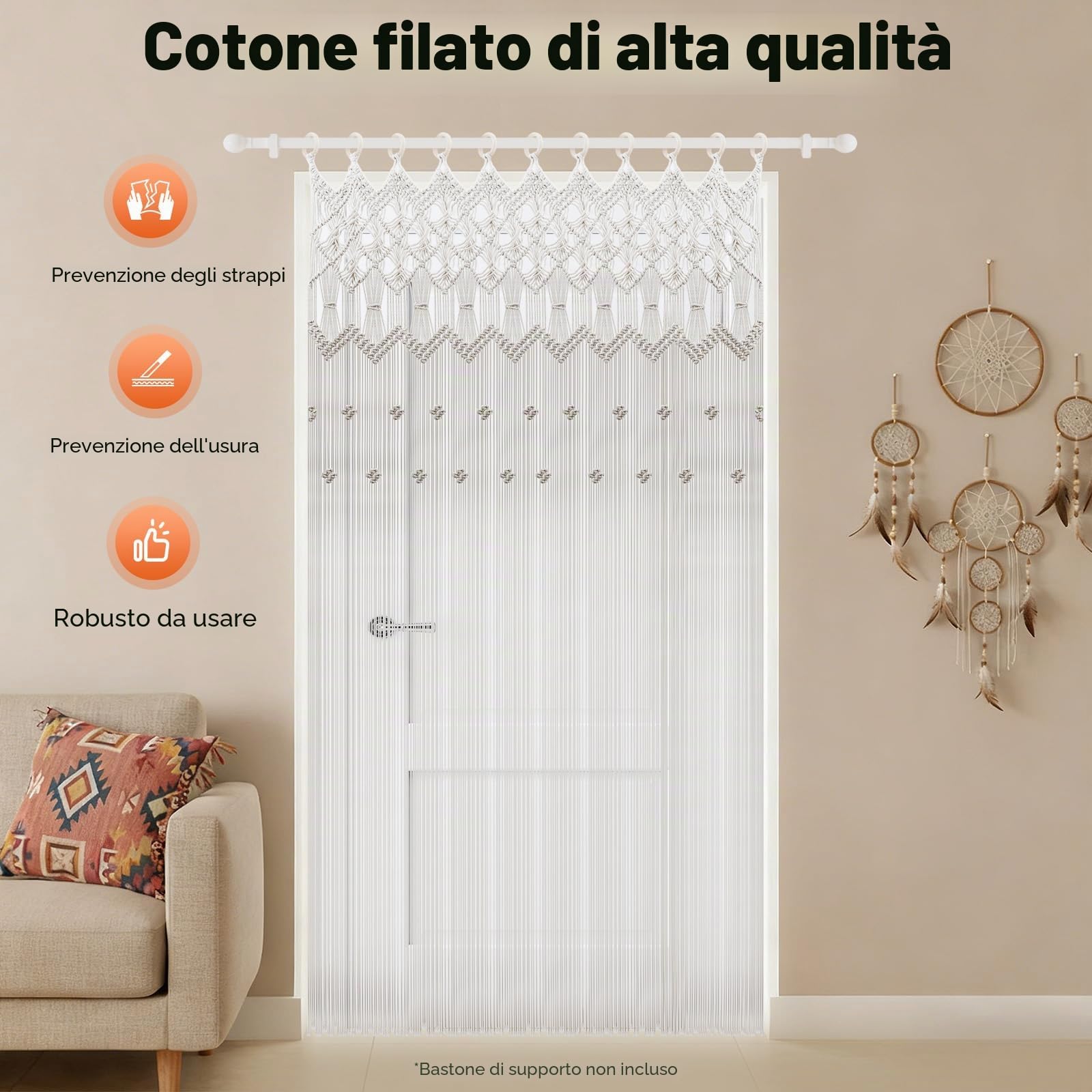 Tenda in macramè con anelli in legno, tenda per porta di 120 x 195 cm, tende a fili densi in cotone, tende per armadio, stile bohémien, decorazione murale con cordino in cotone, bianco, per