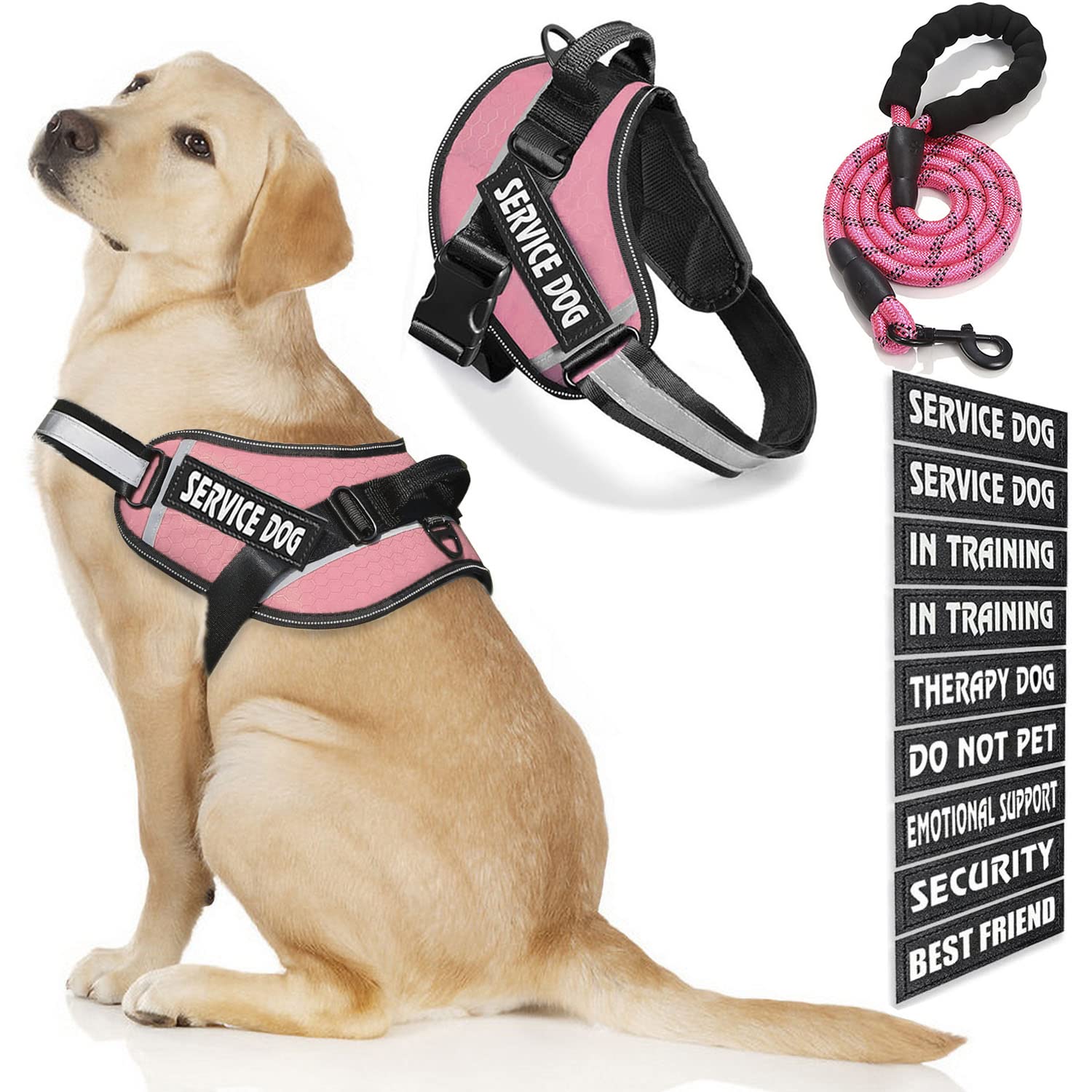 Bcadem Service Dog Vest, 9 Dog Patches No Pull Dog Harness and Leash Set with Handle,Easy On and Off Pet Vest Harness with Night Safe Reflective Straps for Small Medium Large Breed Dogs