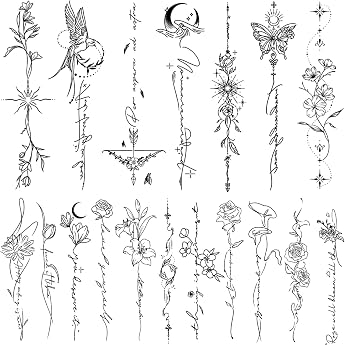 CHARLENT Temporary Tattoo for Women and Girls - 45 Pieces Lines Flowers Words Sketches Realistic Durable Fake Tattoo Waterproof Minimalist Line Art Tattoo for Arm Backbone