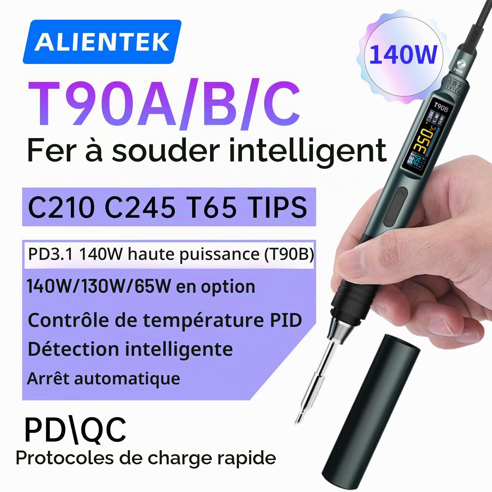 Kit de fer à souder 140 W, fer à souder numérique à chauffage rapide T90 Température réglable PD3.1/QC,Type-C Portable Écran OLED Affichage USB Stylo à souder C245 (T90B)